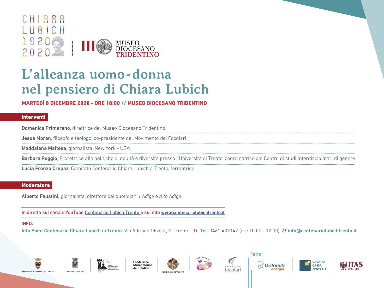 "L'alleanza uomo-donna nel pensiero di Chiara Lubich".  In diretta 8 dicembre alle ore 18.00