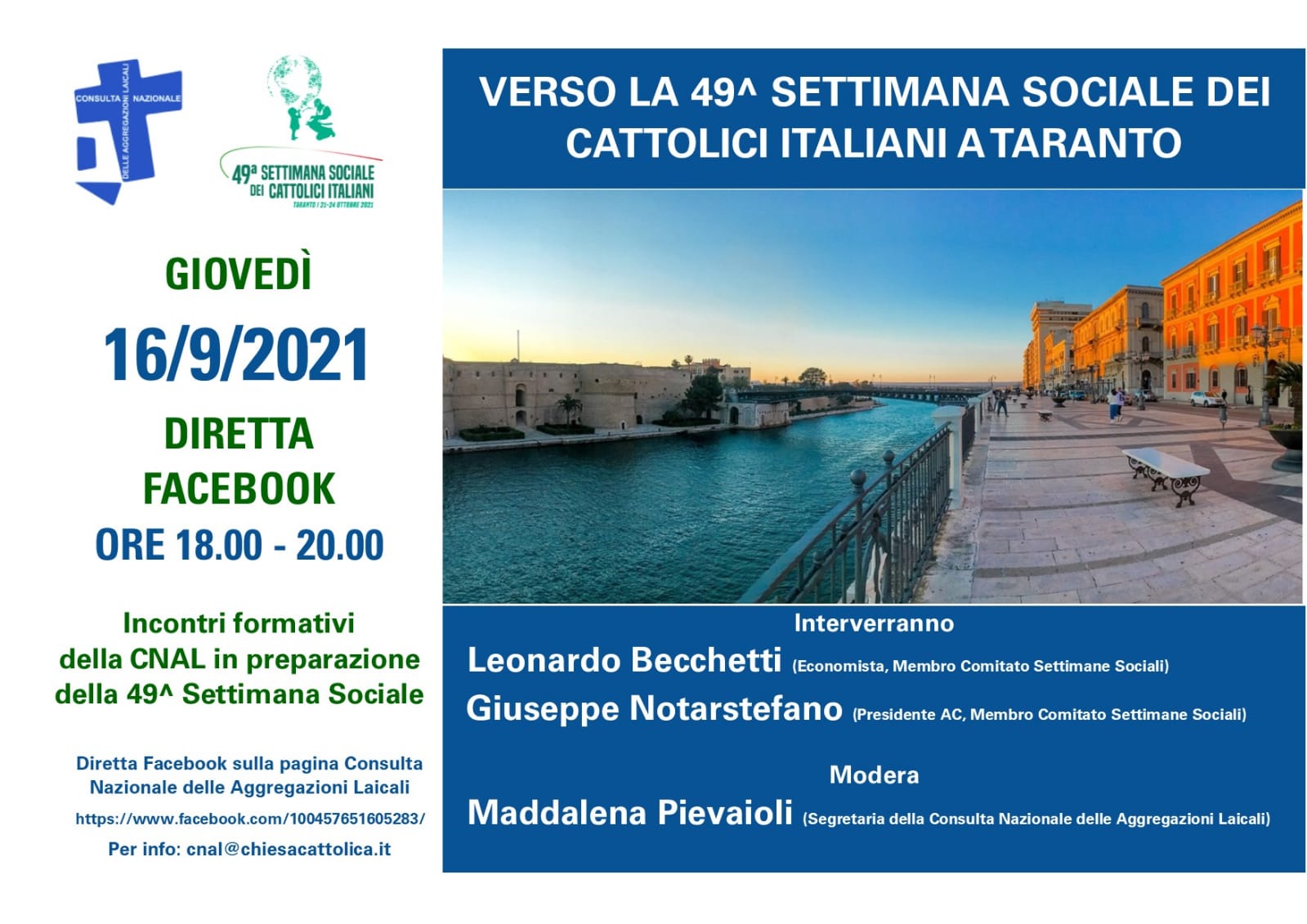 Verso la 49^ Settimana Sociale dei cattolici italiani a Taranto - 16 settembre ore 18.00
