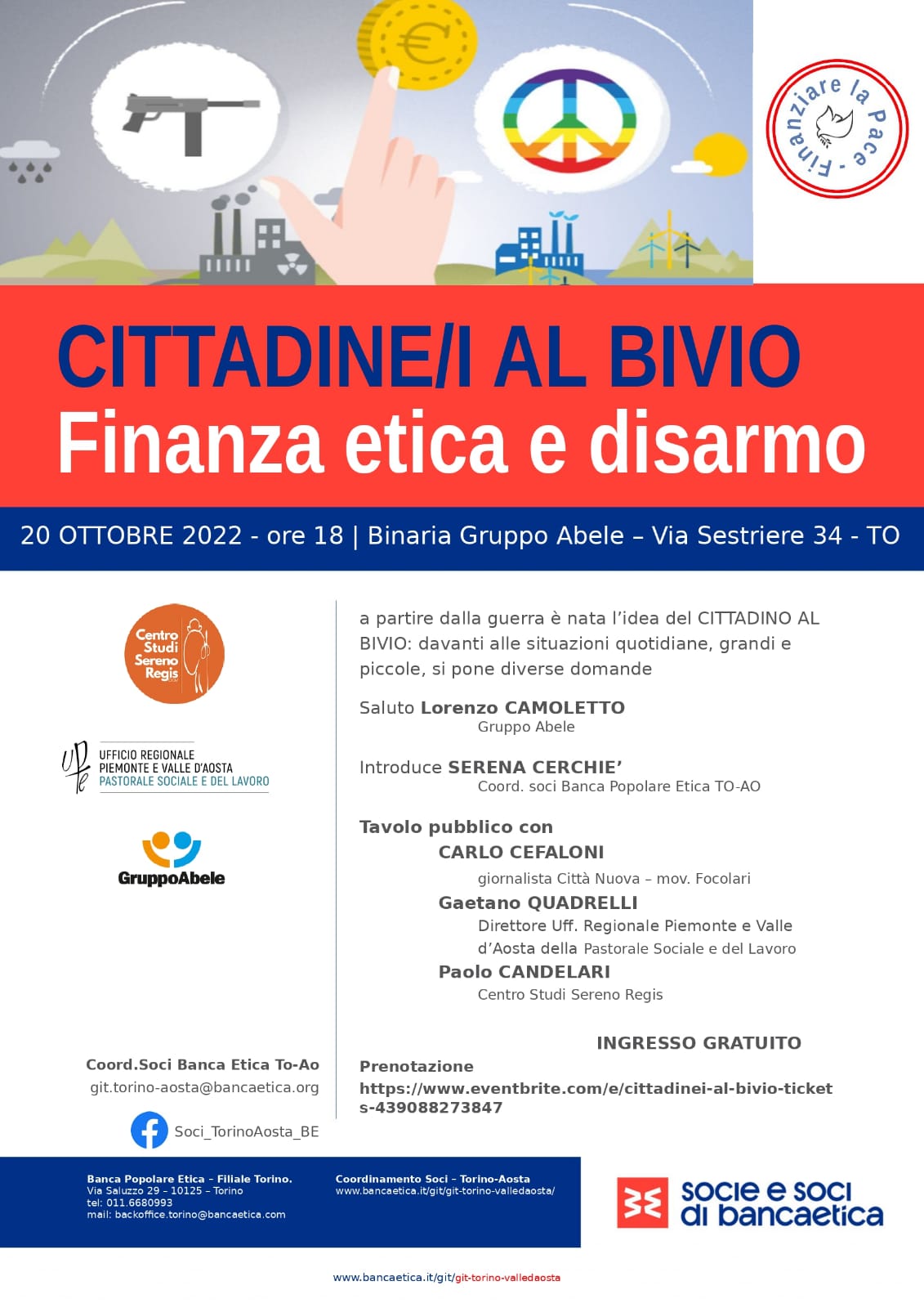 Cittadine/i al bivio: finanza etica e disarmo. Torino 20 ottobre
