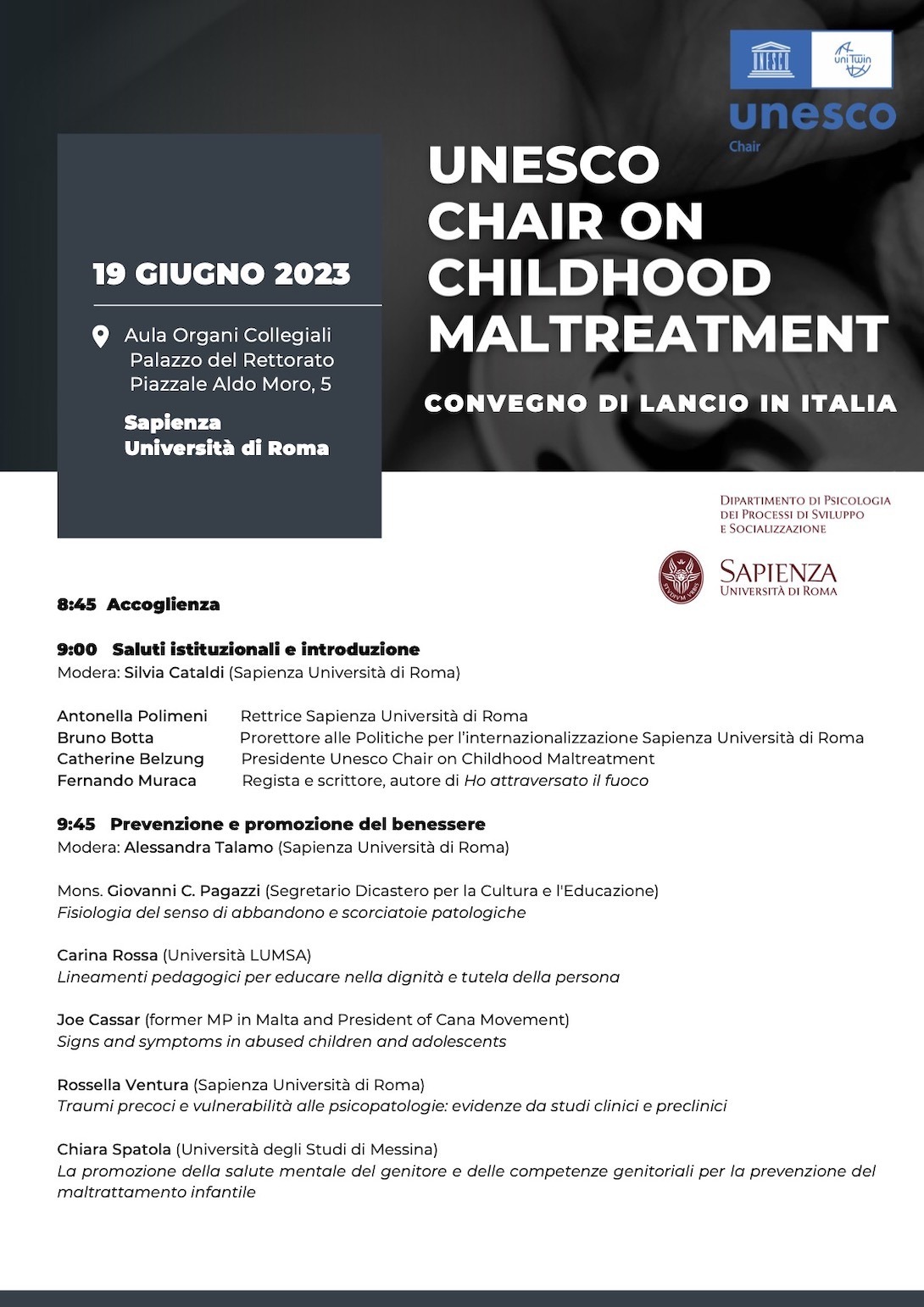 Unesco Chair on Childhood Maltreatment - Convegno 19 giugno 2023